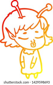 warm gradient line drawing of a cute alien girl cartoon