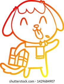 warm gradient line drawing of a cute cartoon dog with christmas present