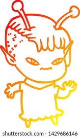 warm gradient line drawing of a cute cartoon alien girl