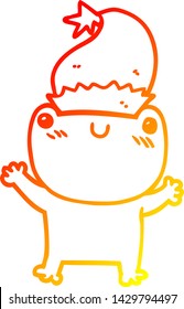 dibujo de línea de degradado cálido de una linda rana de dibujos animados con sombrero de navidad