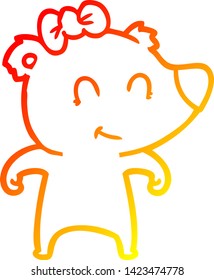 dibujo de línea de gradiente cálido de una caricatura de oso femenino