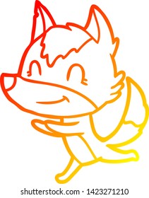 dibujo de línea de gradiente cálido de un lobo de caricatura amistoso corriendo