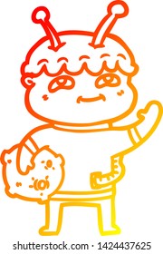 warm gradient line drawing of a friendly cartoon spaceman waving
