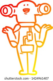 warm gradient line drawing of a friendly cartoon alien shrugging