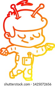 dibujo de línea de degradado cálido de un espaciador de dibujos animados amigable señalando