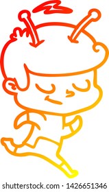 warm gradient line drawing of a friendly cartoon spaceman running