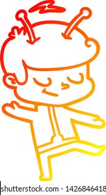 warm gradient line drawing of a friendly cartoon spaceman dancing
