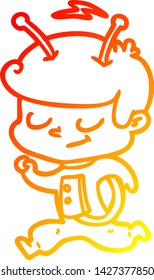 warm gradient line drawing of a friendly cartoon spaceman running