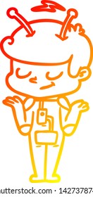 warm gradient line drawing of a friendly cartoon spaceman shrugging