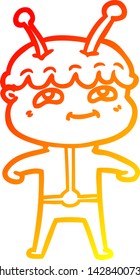 warm gradient line drawing of a friendly cartoon spaceman