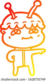 warm gradient line drawing of a friendly cartoon spaceman pointing