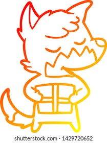 warm gradient line drawing of a friendly cartoon fox with christmas present