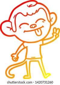 warme Farbverlauf-Linienzeichnung eines lustigen Cartoon-Affen, der ein Friedenszeichen macht