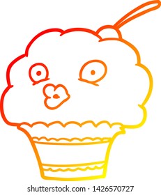 dibujo de línea de degradado cálido de un cupcake divertido