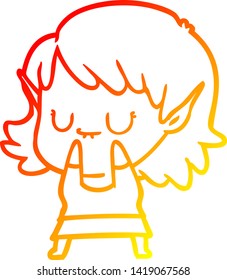 warm gradient line drawing of a happy cartoon elf girl