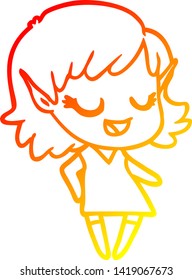warm gradient line drawing of a happy cartoon elf girl