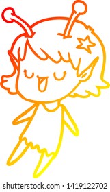 warm gradient line drawing of a happy alien girl cartoon