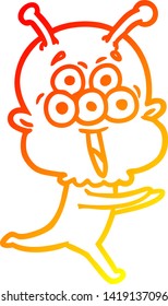 warm gradient line drawing of a happy cartoon alien running