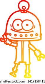 dibujo de línea de gradiente cálido de un robot de cartón feliz con bombilla