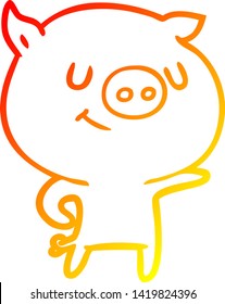 warm gradient line drawing of a happy cartoon pig