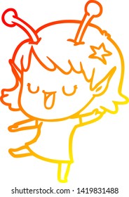 warm gradient line drawing of a happy alien girl cartoon