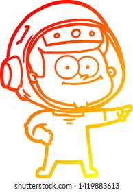 desenho de linha de gradiente quente de um desenho animado de astronauta feliz