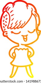 warm gradient line drawing of a happy cartoon girl in cocktail dress