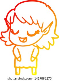 warm gradient line drawing of a happy cartoon elf girl