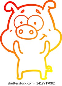 warm gradient line drawing of a happy cartoon pig