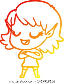 warm gradient line drawing of a happy cartoon elf girl
