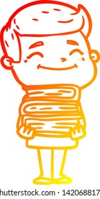 dibujo de línea de degradado cálido de un hombre de dibujos animados feliz con pila de libros