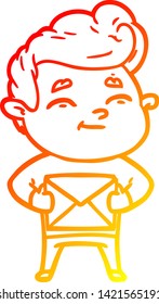 warm gradient line drawing of a happy cartoon man with gift