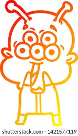 dibujo de línea de gradiente cálido de una alegre caricatura alienígena jadeando en sorpresa