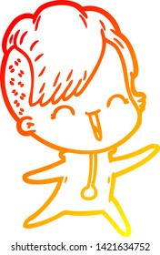 warm gradient line drawing of a happy cartoon hipster girl