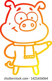 warm gradient line drawing of a happy cartoon pig wearing warm clothes