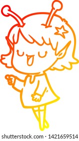 warm gradient line drawing of a happy alien girl cartoon