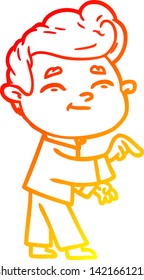 dibujo de línea de degradado cálido de un hombre de dibujos animados alegre señalando