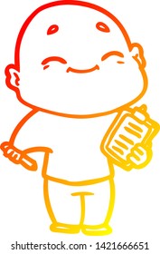 warm gradient line drawing of a happy cartoon bald man