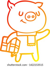 warm gradient line drawing of a happy cartoon pig with christmas present