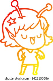 warm gradient line drawing of a happy alien girl cartoon laughing