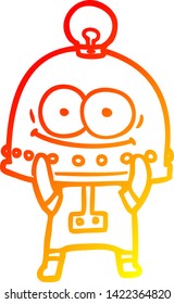 dibujo de línea de gradiente cálido de un robot de cartón feliz con bombilla