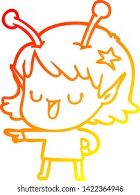 warm gradient line drawing of a happy alien girl cartoon