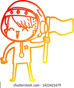 warm gradient line drawing of a happy cartoon space girl holding flag