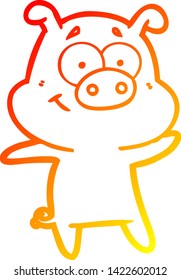 warm gradient line drawing of a happy cartoon pig