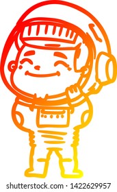 warme Farbverlauf-Linie Zeichnung eines glücklichen Cartoon-Astronauten