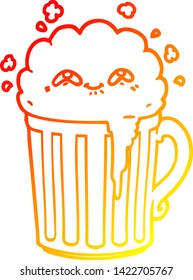 warm gradient line drawing of a happy cartoon mug of beer