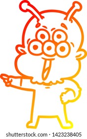 warm gradient line drawing of a happy cartoon alien pointing