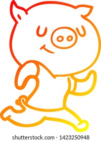 warm gradient line drawing of a happy cartoon pig running