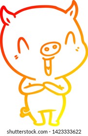 warm gradient line drawing of a happy cartoon pig