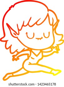 warm gradient line drawing of a happy cartoon elf girl running